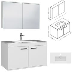 RUBITE Meuble salle de bain simple vasque 2 portes blanc largeur 90 cm + miroir armoire 2