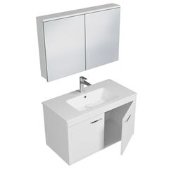 RUBITE Meuble salle de bain simple vasque 2 portes blanc largeur 90 cm + miroir armoire 1