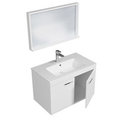 RUBITE Meuble salle de bain simple vasque 2 portes blanc largeur 80 cm + miroir cadre 1