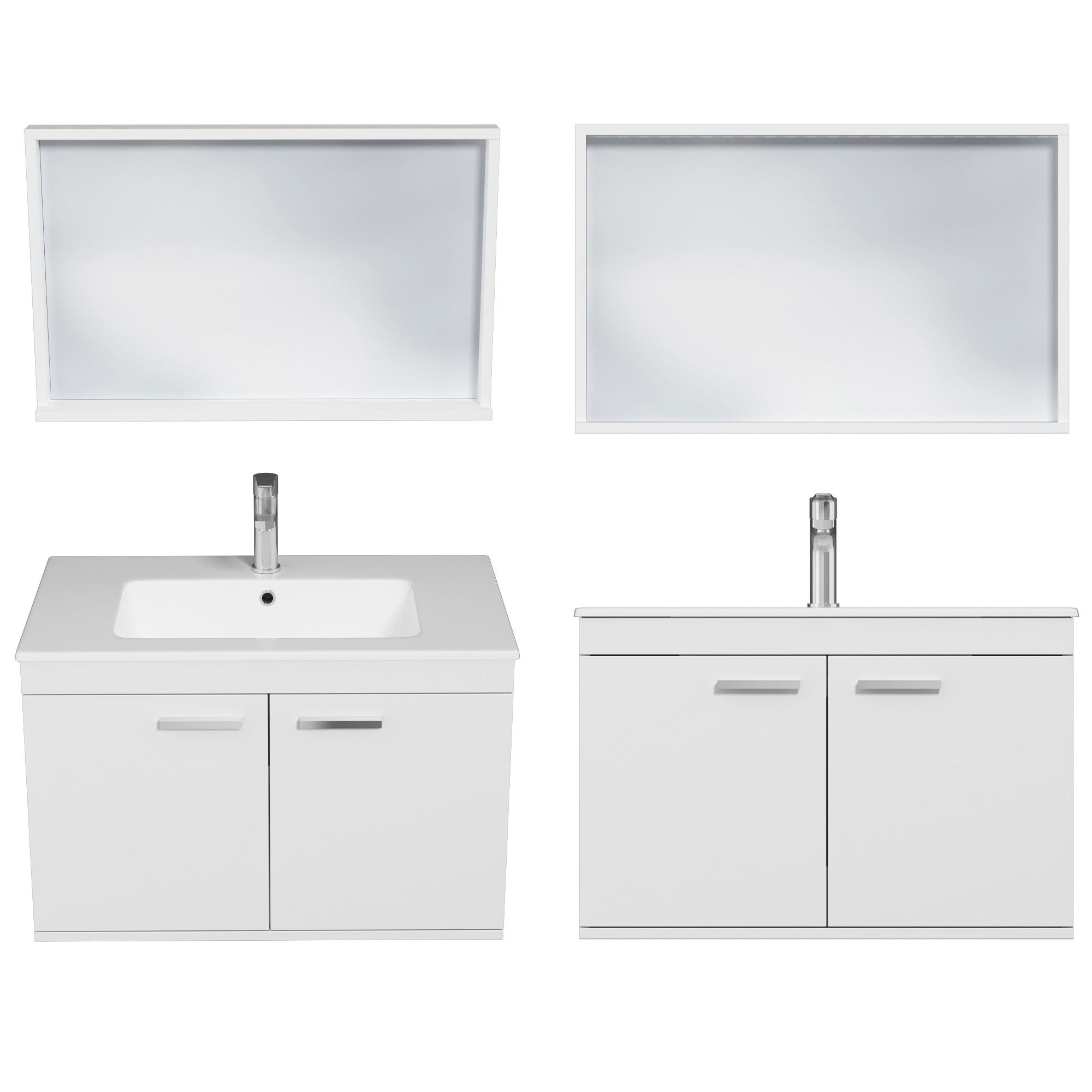 RUBITE Meuble salle de bain simple vasque 2 portes blanc largeur 80 cm + miroir cadre 3