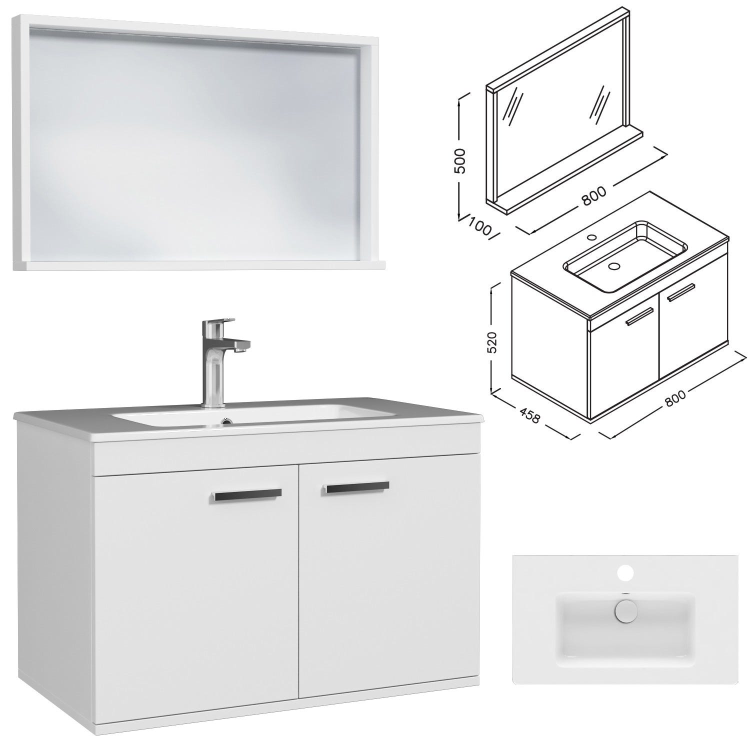 RUBITE Meuble salle de bain simple vasque 2 portes blanc largeur 80 cm + miroir cadre 2