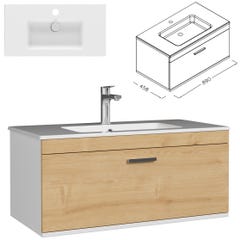 RUBITE Meuble salle de bain simple vasque 1 tiroir chêne clair largeur 90 cm 2