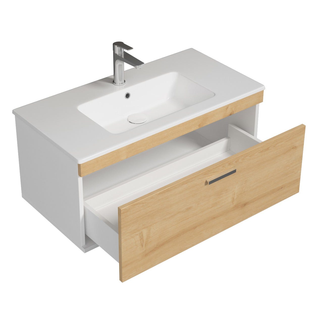 RUBITE Meuble salle de bain simple vasque 1 tiroir chêne clair largeur 90 cm 1
