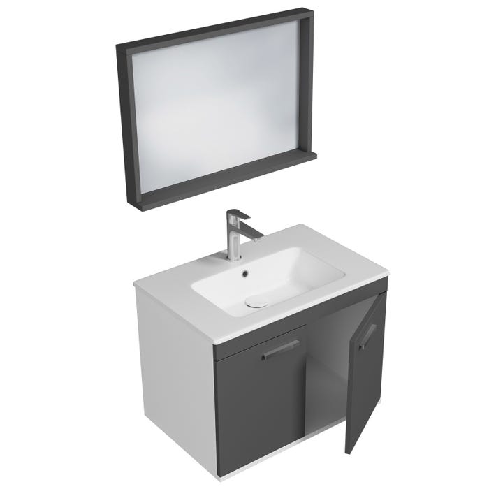 RUBITE Meuble salle de bain simple vasque 2 portes gris anthracite largeur 70 cm + miroir cadre 1