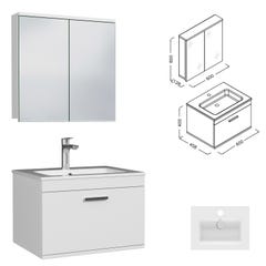 RUBITE Meuble salle de bain simple vasque 1 tiroir blanc largeur 60 cm + miroir armoire 2