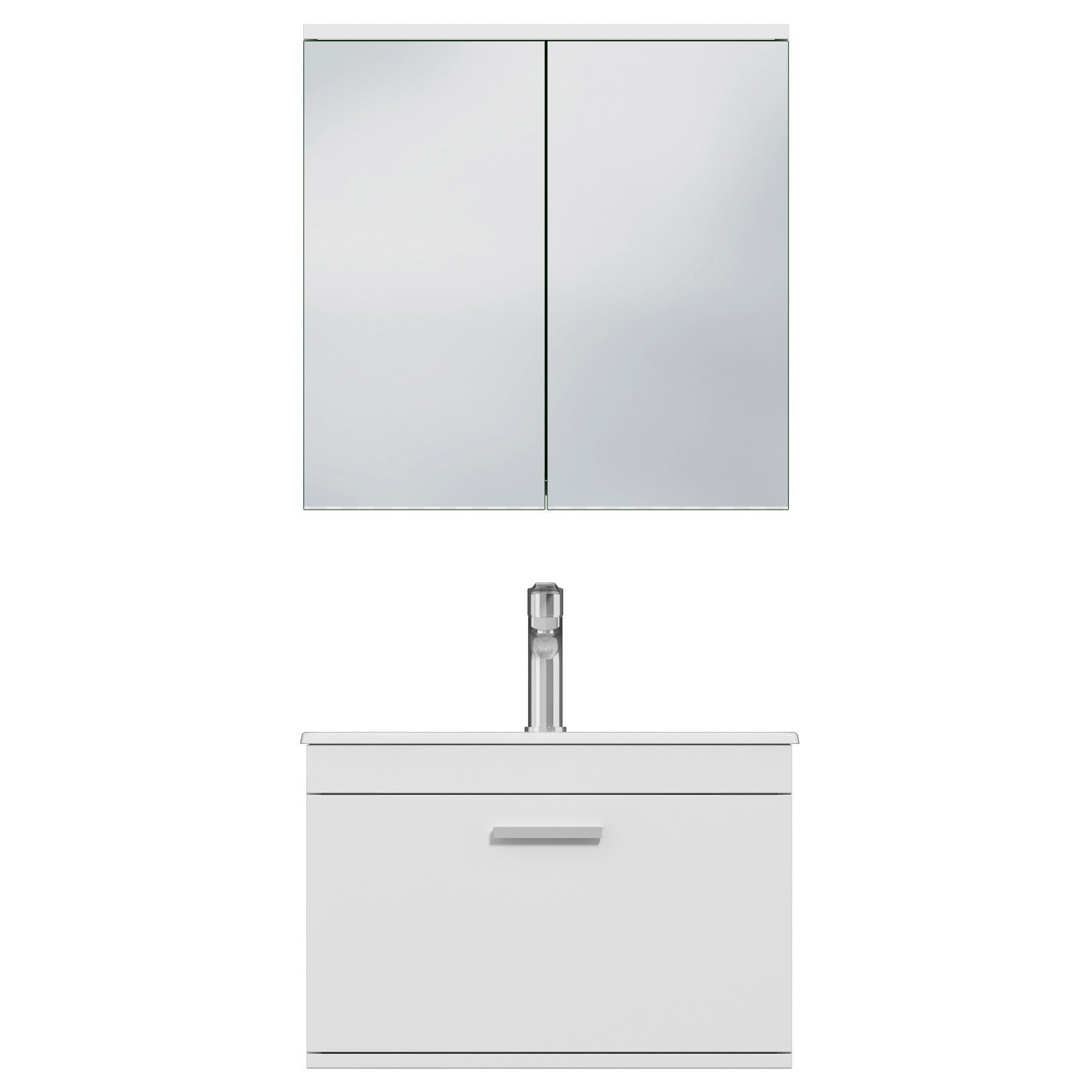 RUBITE Meuble salle de bain simple vasque 1 tiroir blanc largeur 60 cm + miroir armoire 3