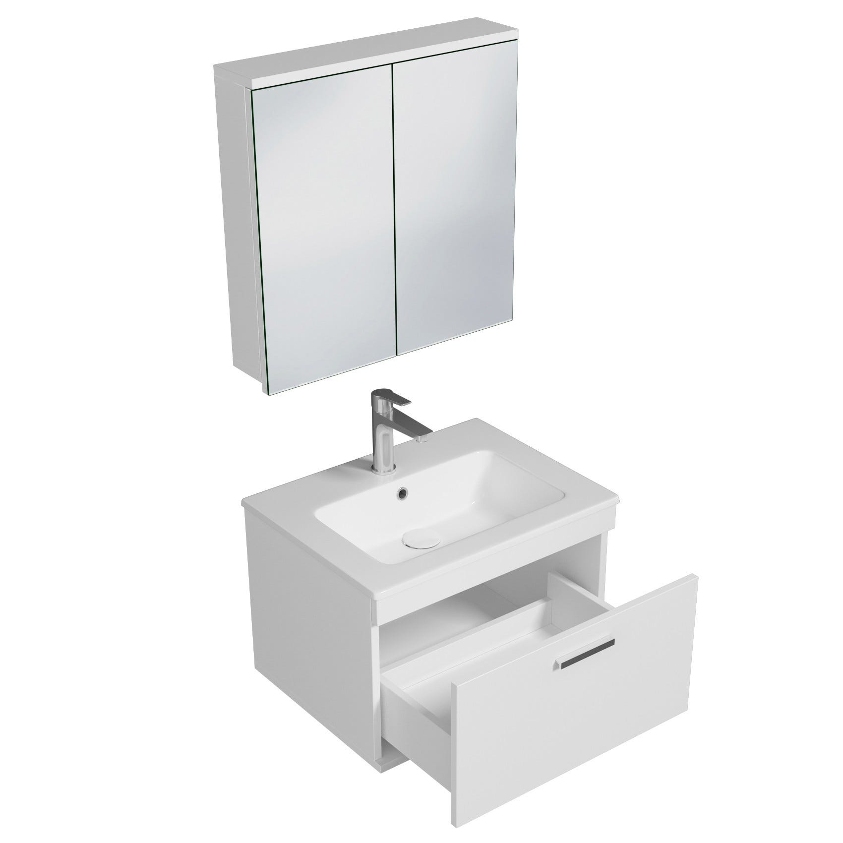 RUBITE Meuble salle de bain simple vasque 1 tiroir blanc largeur 60 cm + miroir armoire 1