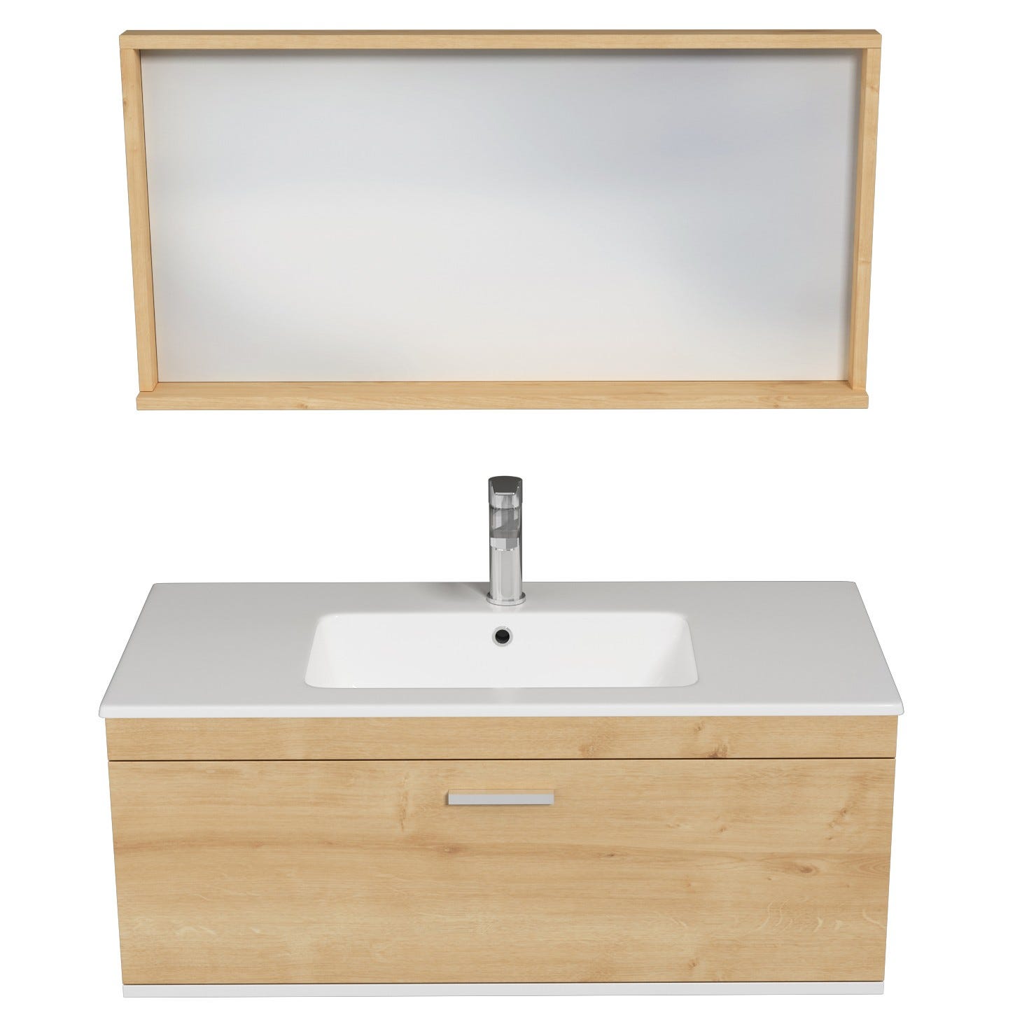 RUBITE Meuble salle de bain simple vasque 1 tiroir chêne clair largeur 100 cm + miroir cadre 3