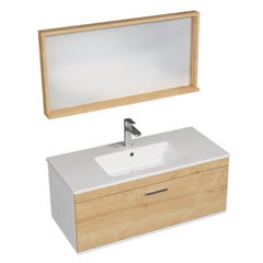 RUBITE Meuble salle de bain simple vasque 1 tiroir chêne clair largeur 100 cm + miroir cadre 0