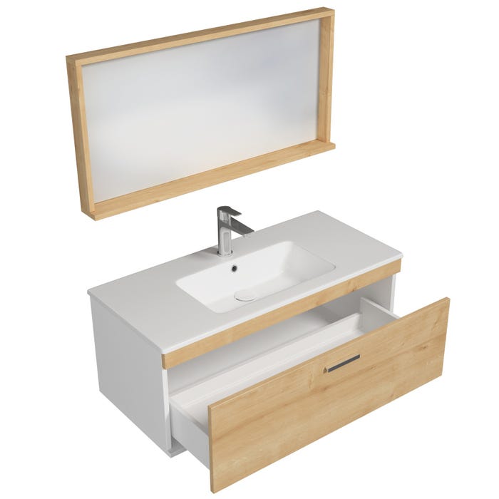 RUBITE Meuble salle de bain simple vasque 1 tiroir chêne clair largeur 100 cm + miroir cadre 1