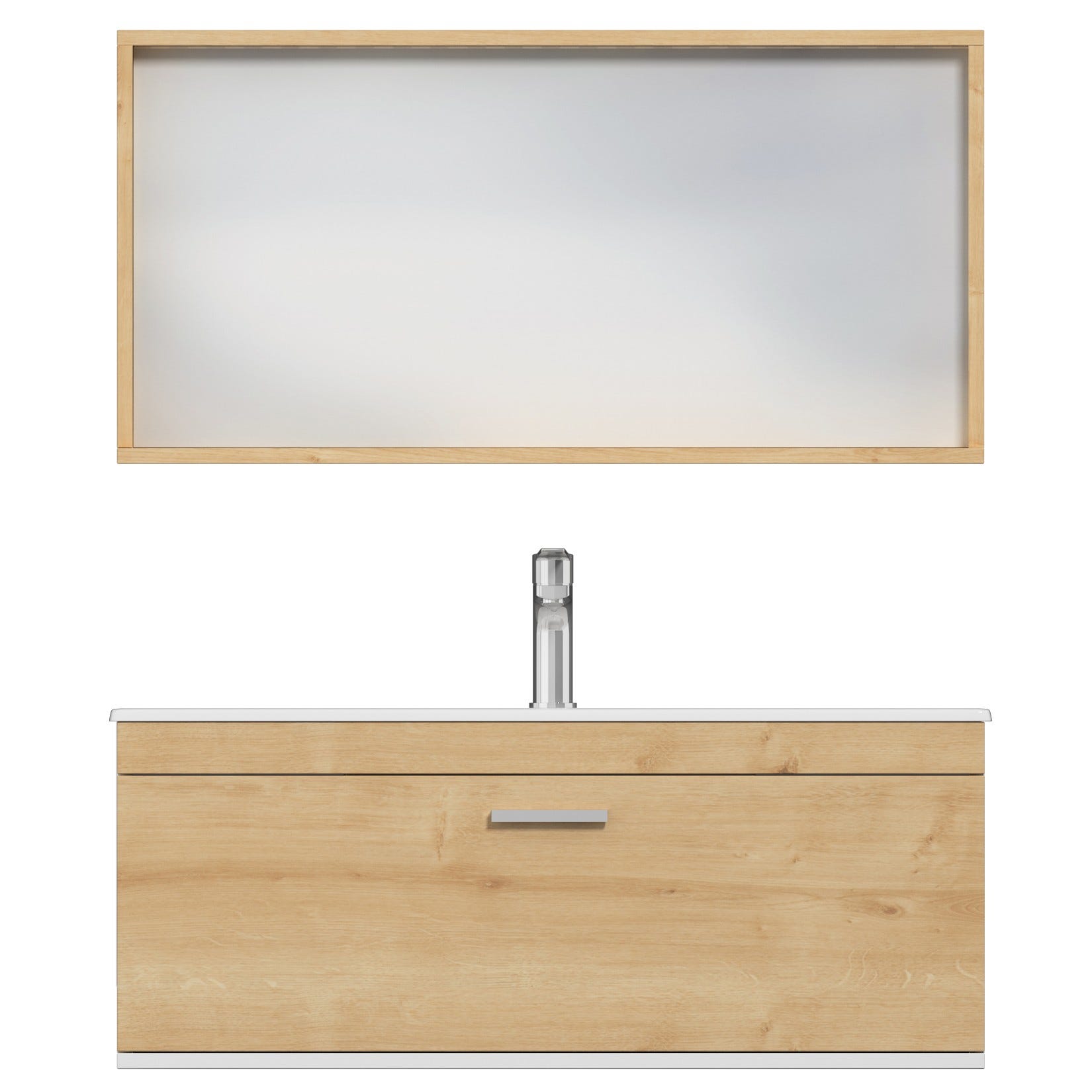 RUBITE Meuble salle de bain simple vasque 1 tiroir chêne clair largeur 100 cm + miroir cadre 4