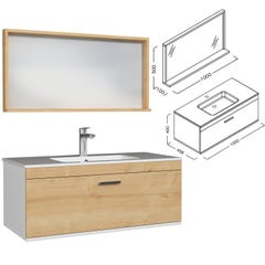RUBITE Meuble salle de bain simple vasque 1 tiroir chêne clair largeur 100 cm + miroir cadre 2