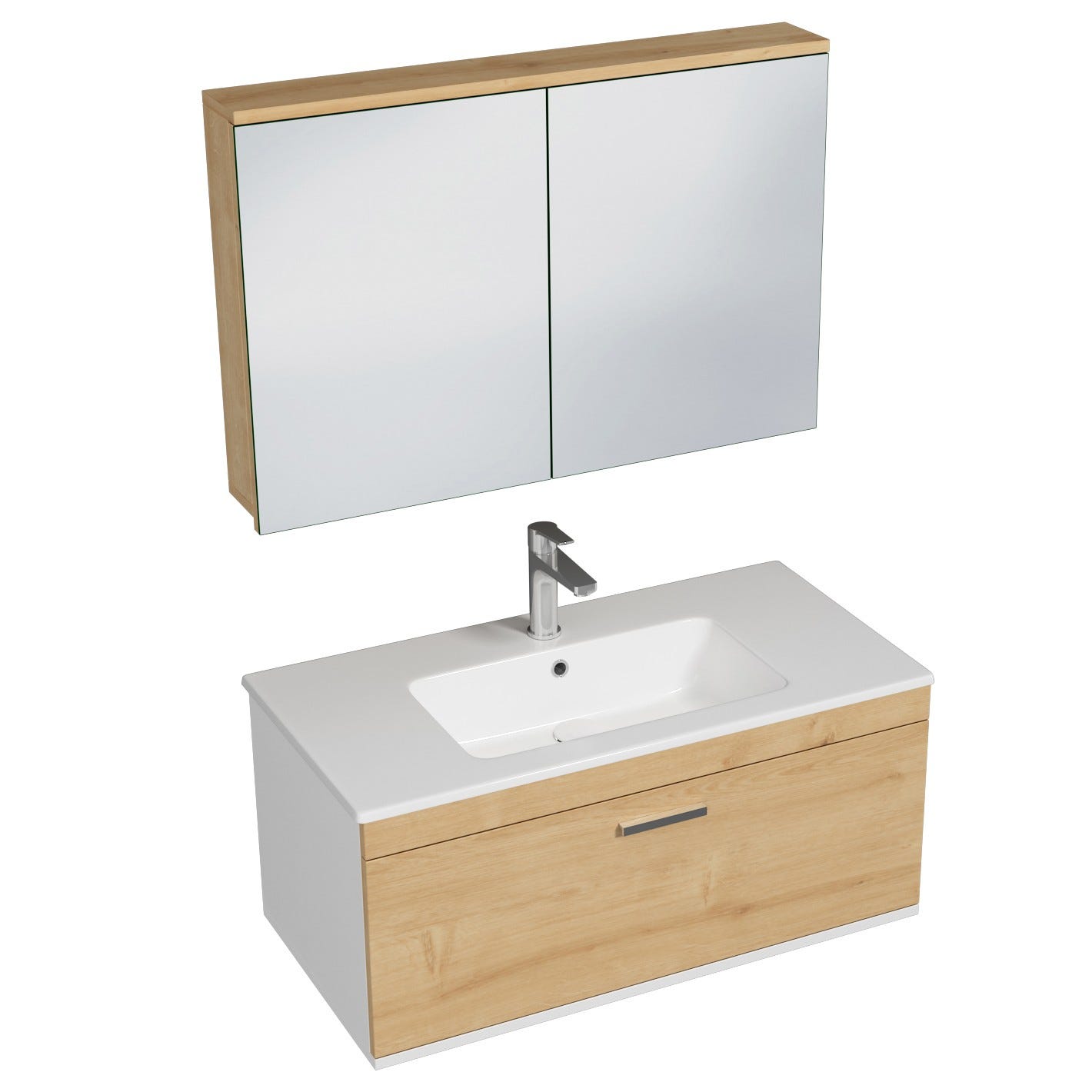 RUBITE Meuble salle de bain simple vasque 1 tiroir chêne clair largeur 90 cm + miroir armoire 0