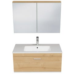 RUBITE Meuble salle de bain simple vasque 1 tiroir chêne clair largeur 90 cm + miroir armoire 3