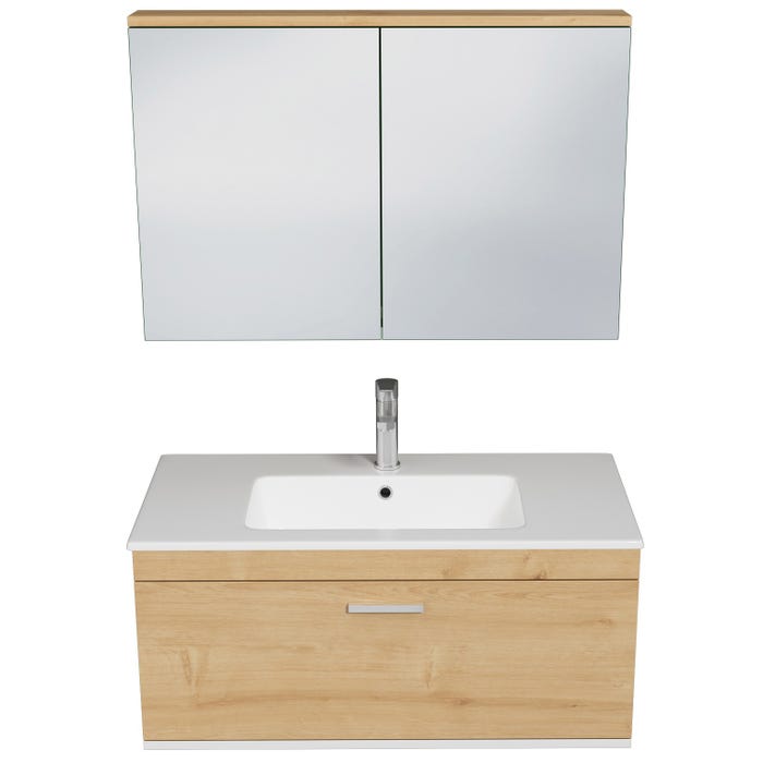 RUBITE Meuble salle de bain simple vasque 1 tiroir chêne clair largeur 90 cm + miroir armoire 3