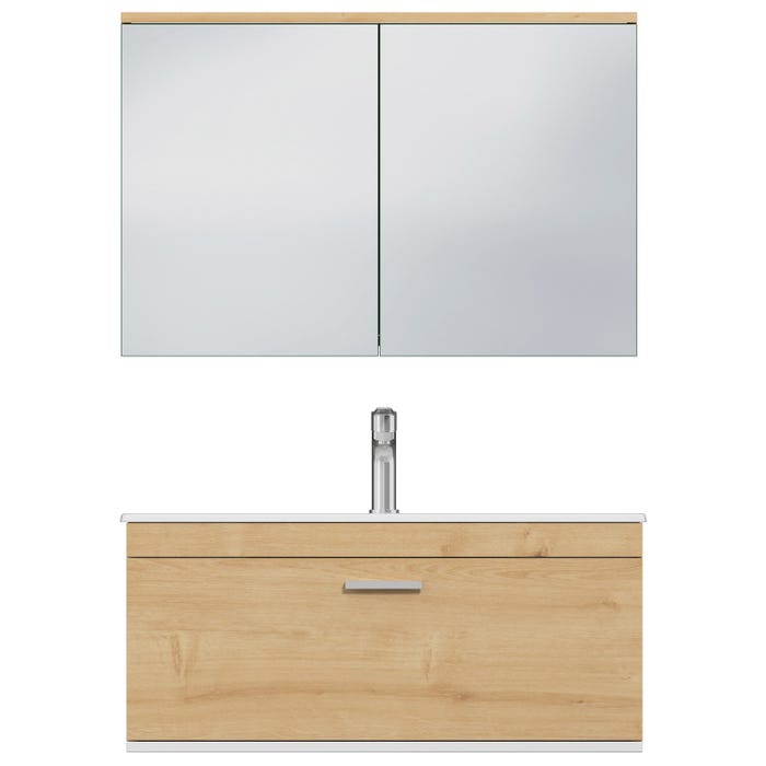 RUBITE Meuble salle de bain simple vasque 1 tiroir chêne clair largeur 90 cm + miroir armoire 4