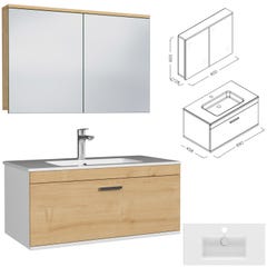 RUBITE Meuble salle de bain simple vasque 1 tiroir chêne clair largeur 90 cm + miroir armoire 2