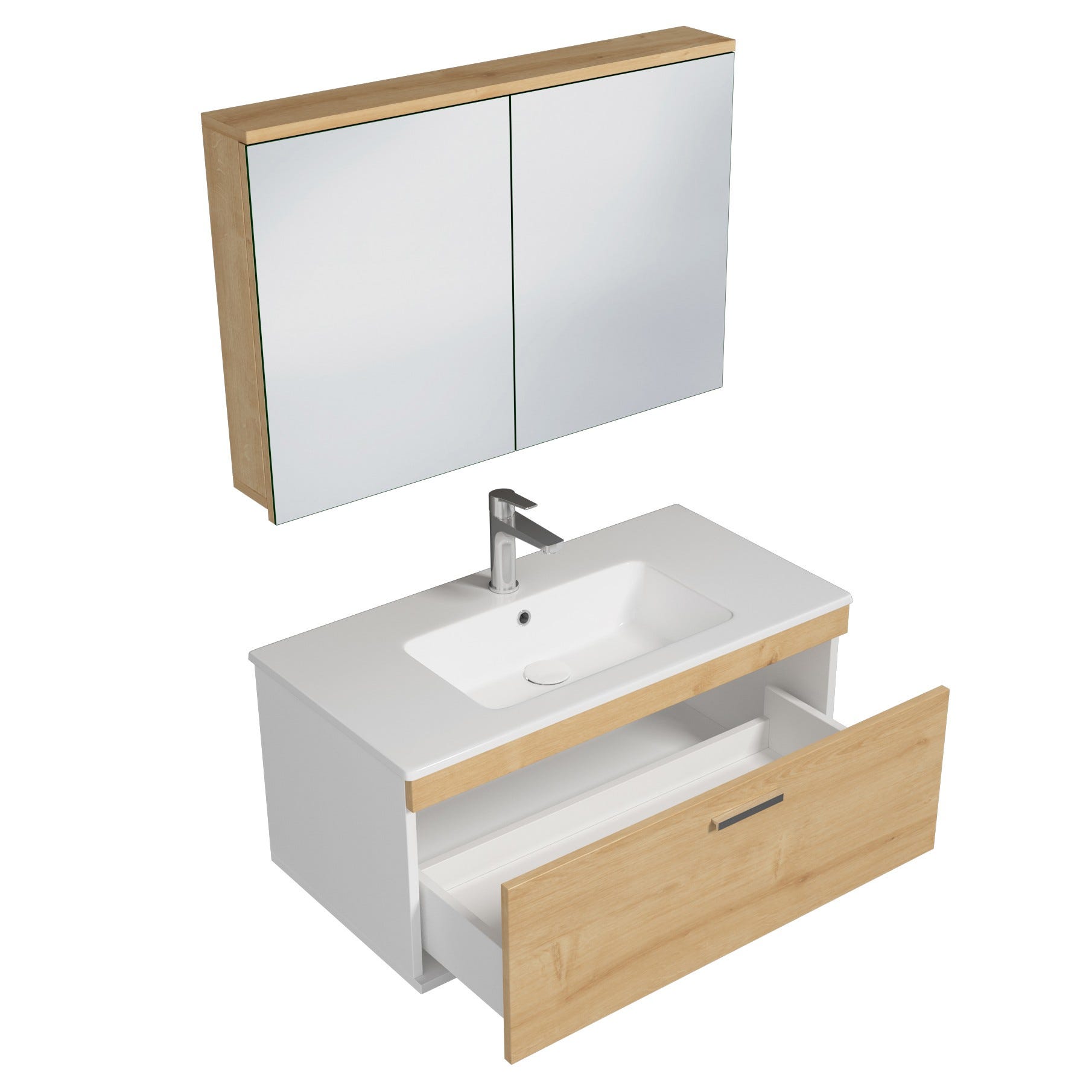 RUBITE Meuble salle de bain simple vasque 1 tiroir chêne clair largeur 90 cm + miroir armoire 1