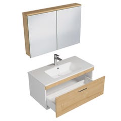 RUBITE Meuble salle de bain simple vasque 1 tiroir chêne clair largeur 90 cm + miroir armoire 1