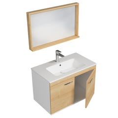 RUBITE Meuble salle de bain simple vasque 2 portes chêne clair largeur 80 cm + miroir cadre 1