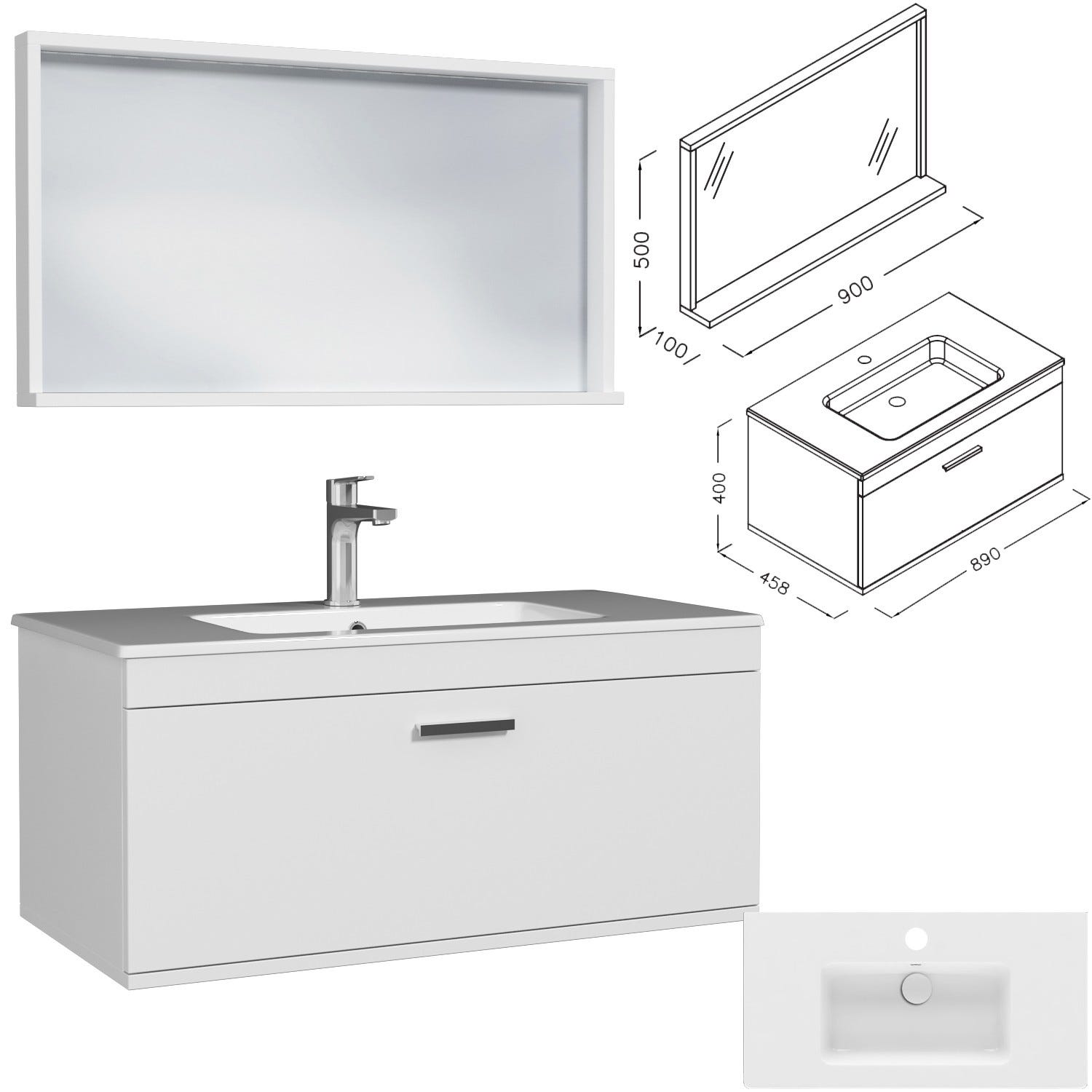 RUBITE Meuble salle de bain simple vasque 1 tiroir blanc largeur 90 cm + miroir cadre 2