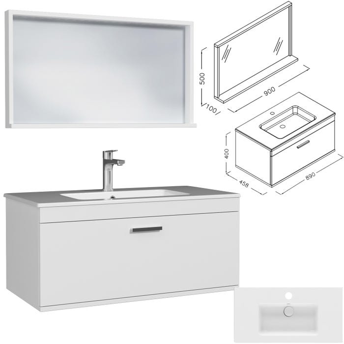 RUBITE Meuble salle de bain simple vasque 1 tiroir blanc largeur 90 cm + miroir cadre 2