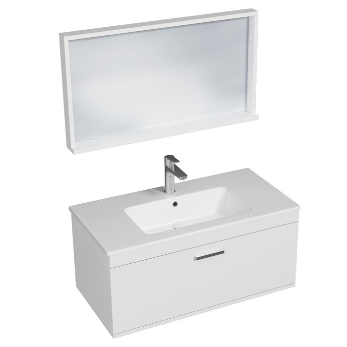 RUBITE Meuble salle de bain simple vasque 1 tiroir blanc largeur 90 cm + miroir cadre 0