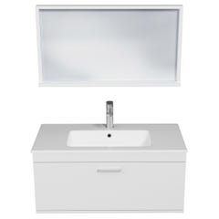 RUBITE Meuble salle de bain simple vasque 1 tiroir blanc largeur 90 cm + miroir cadre 3