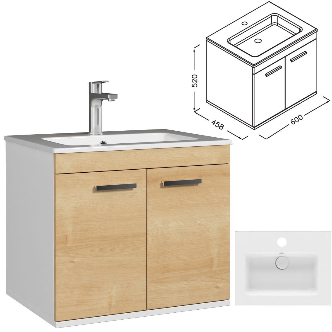 RUBITE Meuble salle de bain simple vasque 2 portes chêne clair largeur 60 cm 2