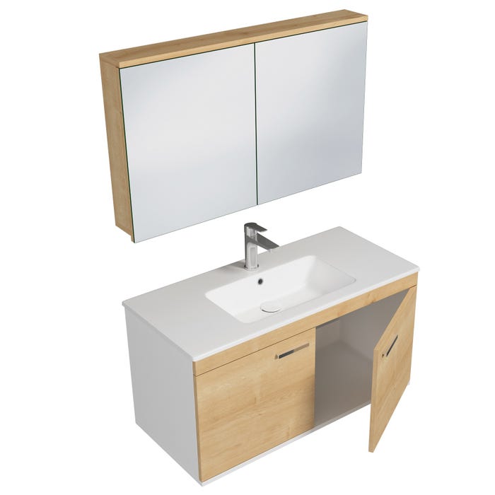 RUBITE Meuble salle de bain simple vasque 2 portes chêne clair largeur 100 cm + miroir armoire 1