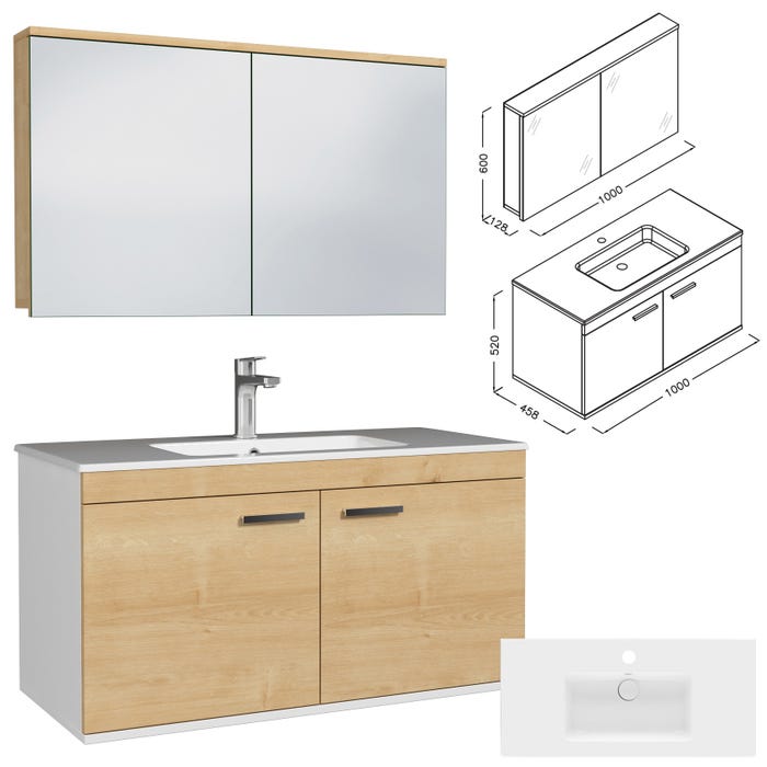 RUBITE Meuble salle de bain simple vasque 2 portes chêne clair largeur 100 cm + miroir armoire 2