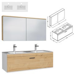 RUBITE Meuble salle de bain double vasque 1 tiroir chêne clair largeur 120 cm + miroir armoire 2