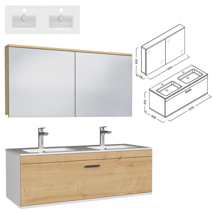 RUBITE Meuble salle de bain double vasque 1 tiroir chêne clair largeur 120 cm + miroir armoire 2