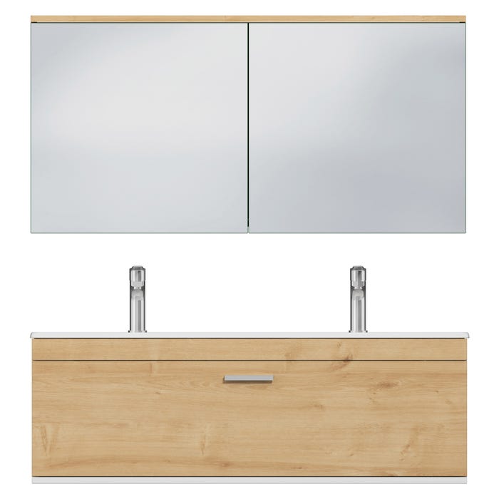RUBITE Meuble salle de bain double vasque 1 tiroir chêne clair largeur 120 cm + miroir armoire 4