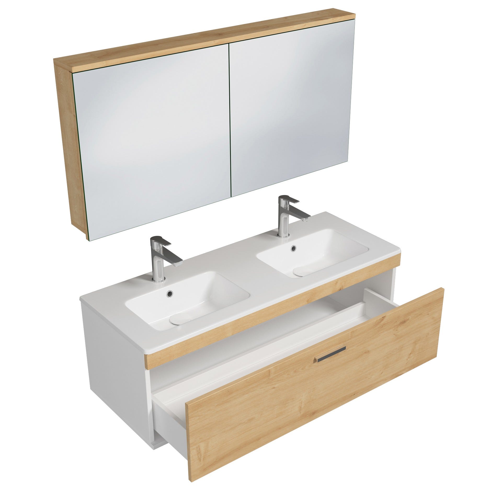 RUBITE Meuble salle de bain double vasque 1 tiroir chêne clair largeur 120 cm + miroir armoire 1