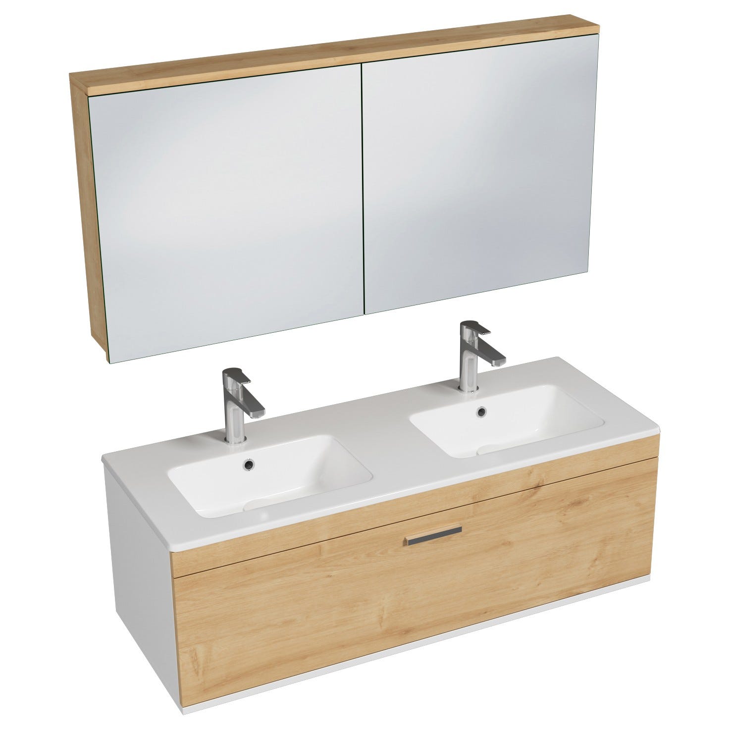 RUBITE Meuble salle de bain double vasque 1 tiroir chêne clair largeur 120 cm + miroir armoire 0