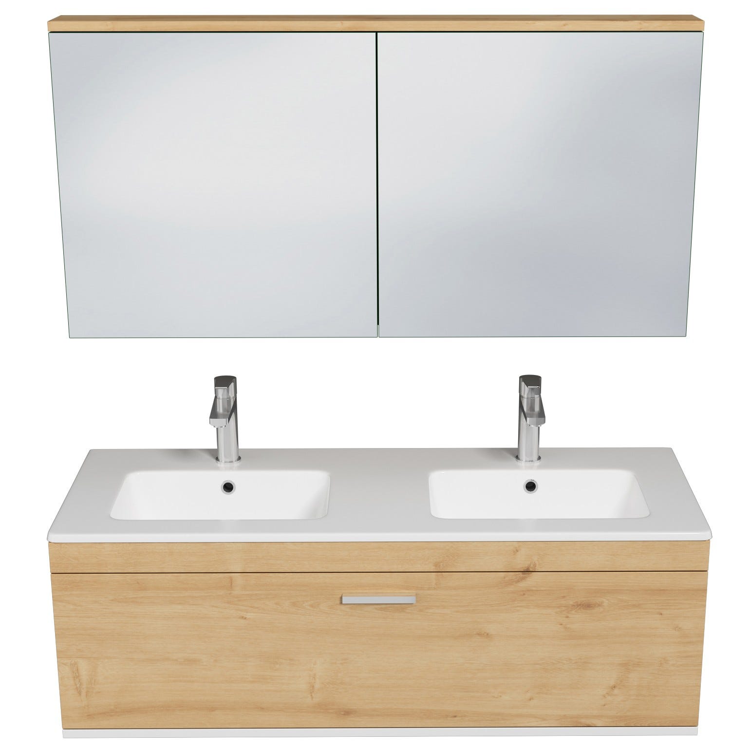 RUBITE Meuble salle de bain double vasque 1 tiroir chêne clair largeur 120 cm + miroir armoire 3