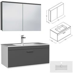 RUBITE Meuble salle de bain simple vasque 1 tiroir gris anthracite largeur 90 cm + miroir armoire 2