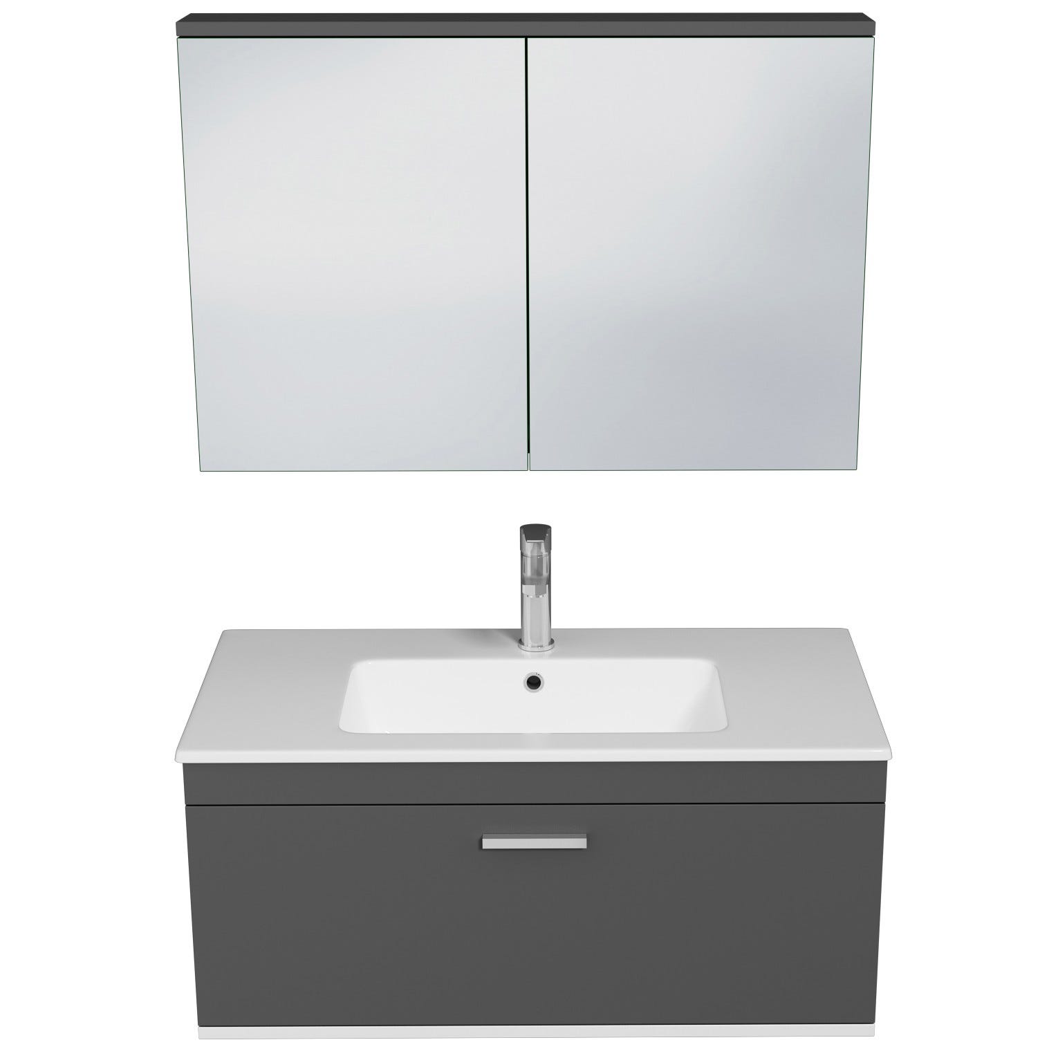 RUBITE Meuble salle de bain simple vasque 1 tiroir gris anthracite largeur 90 cm + miroir armoire 3