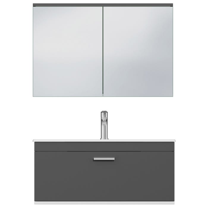 RUBITE Meuble salle de bain simple vasque 1 tiroir gris anthracite largeur 90 cm + miroir armoire 4