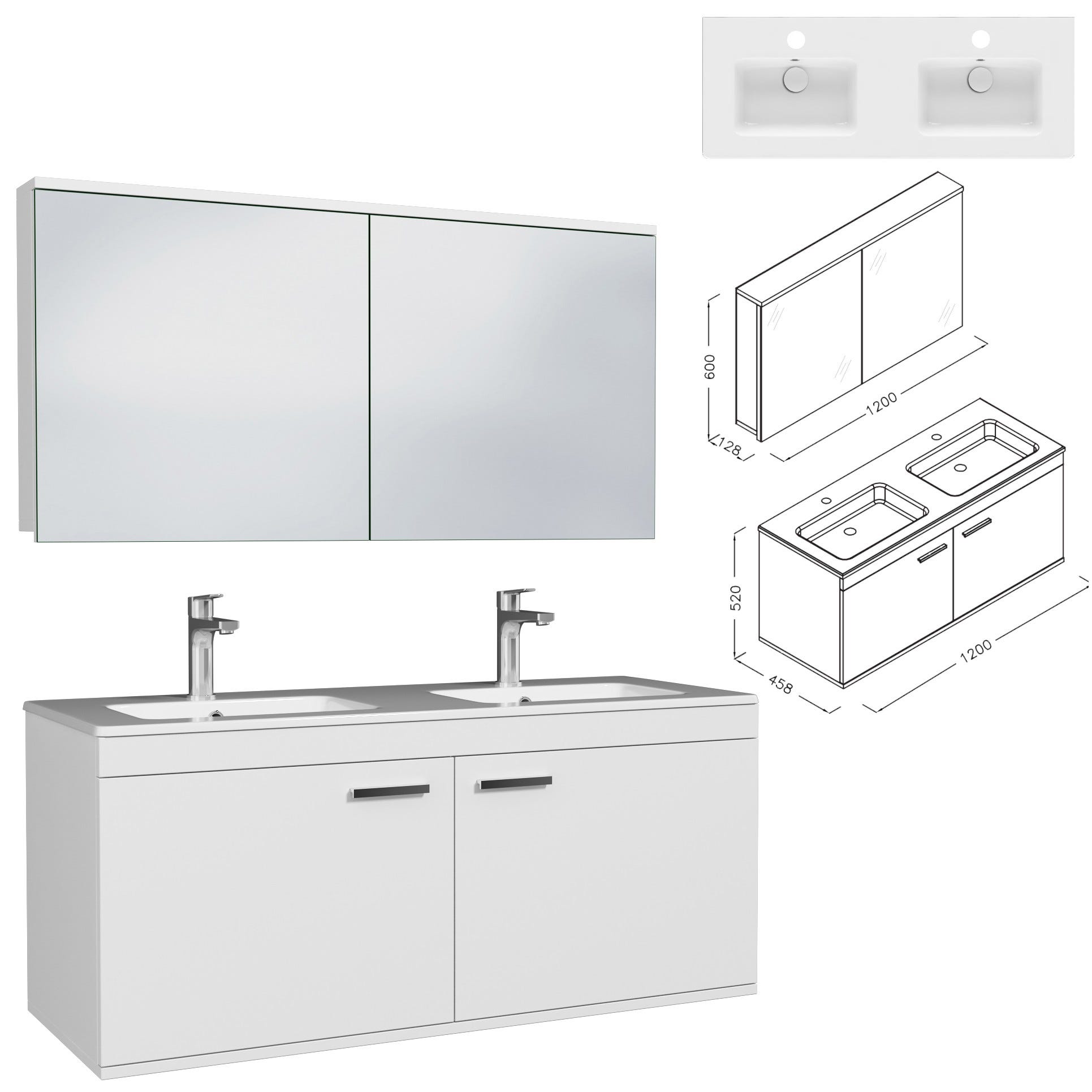 RUBITE Meuble salle de bain double vasque 2 portes blanc largeur 120 cm + miroir armoire 2