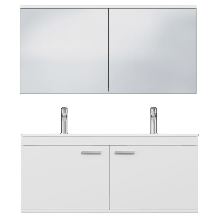 RUBITE Meuble salle de bain double vasque 2 portes blanc largeur 120 cm + miroir armoire 4