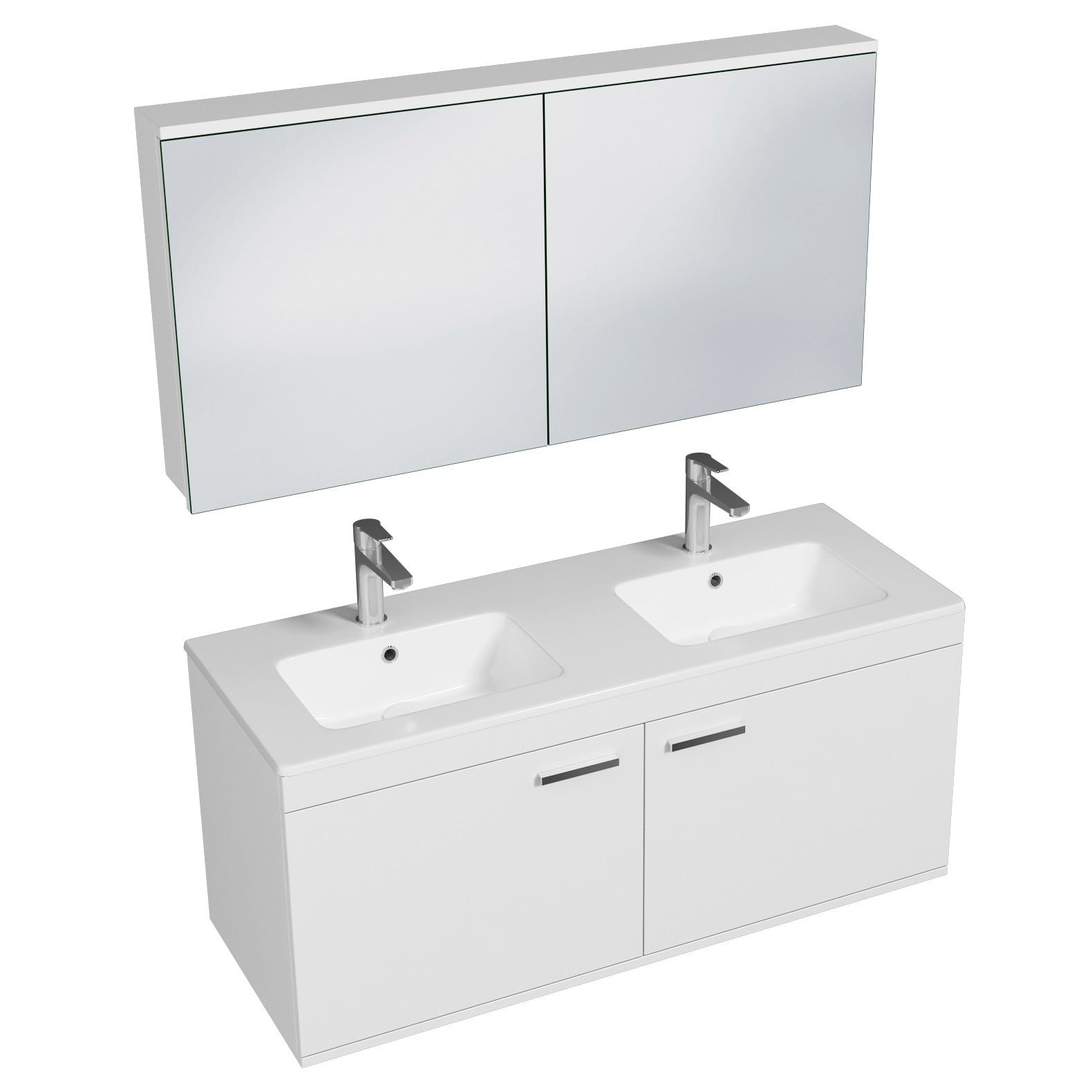 RUBITE Meuble salle de bain double vasque 2 portes blanc largeur 120 cm + miroir armoire 0