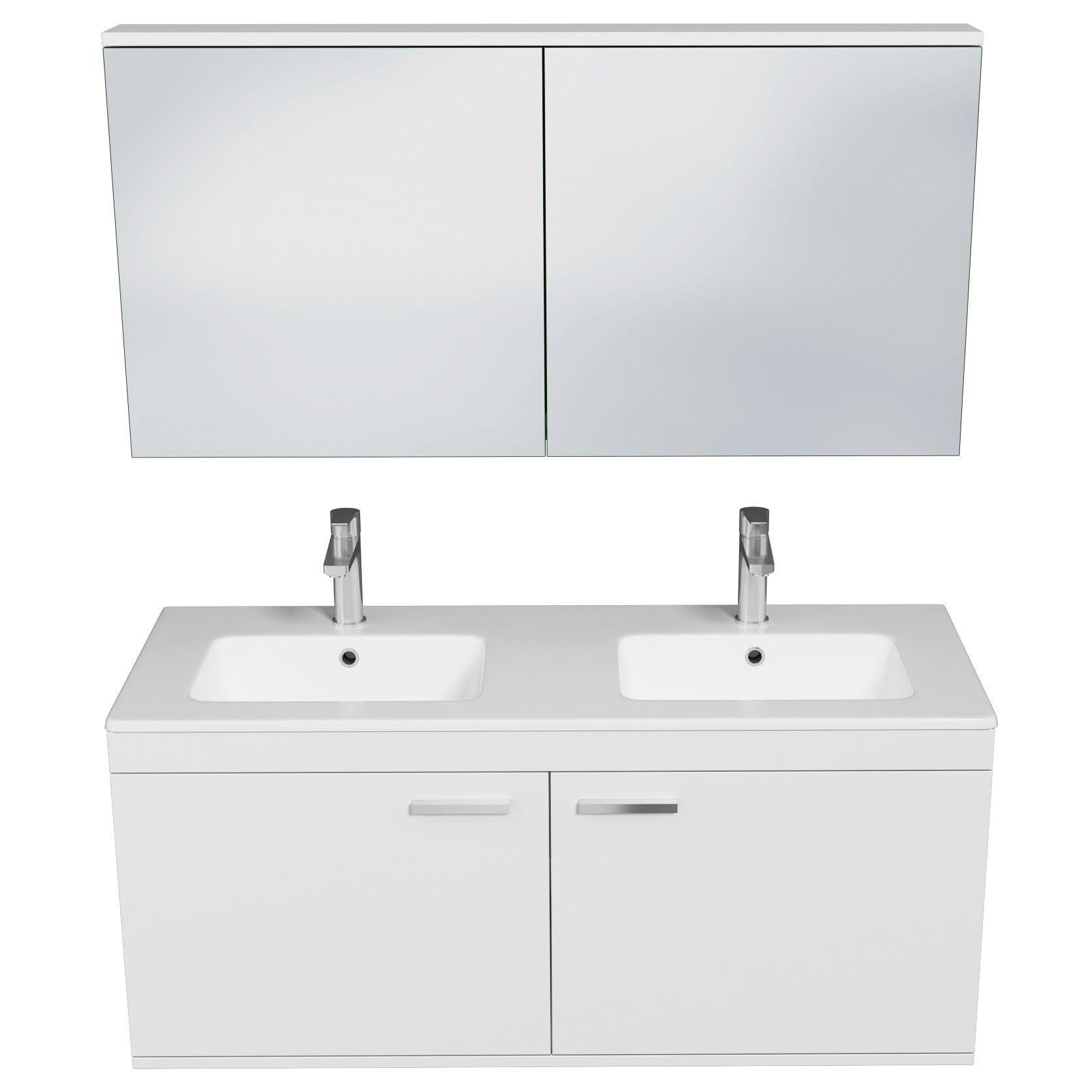 RUBITE Meuble salle de bain double vasque 2 portes blanc largeur 120 cm + miroir armoire 3