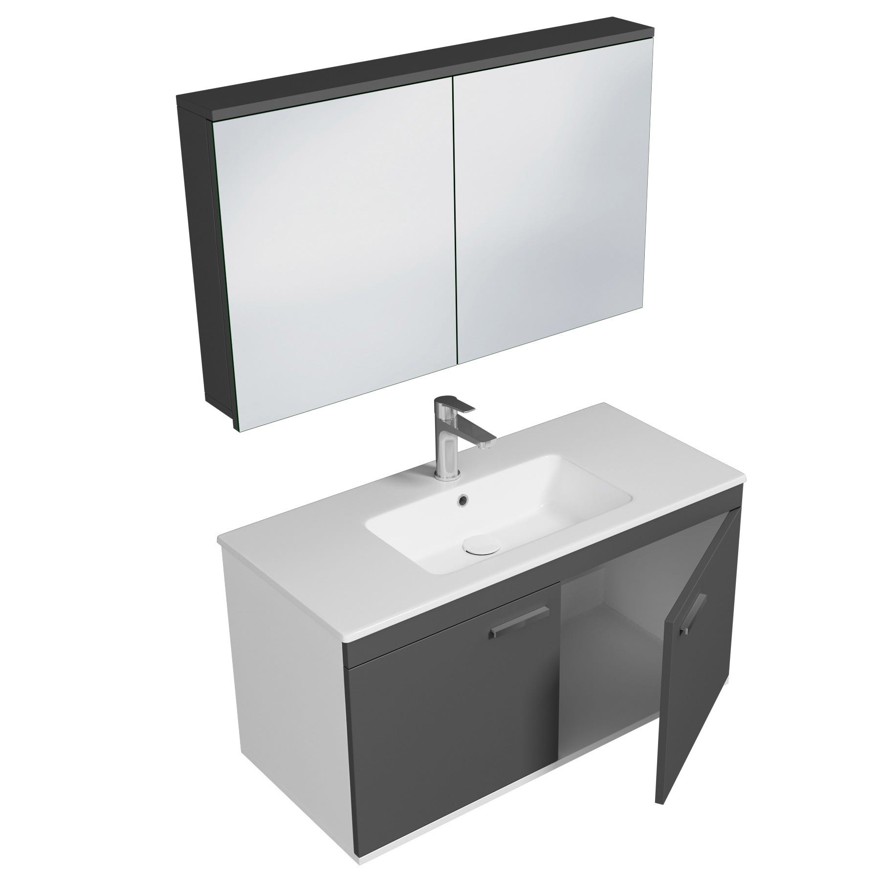RUBITE Meuble salle de bain simple vasque 2 portes gris anthracite largeur 100 cm + miroir armoire 1