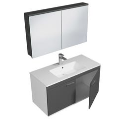 RUBITE Meuble salle de bain simple vasque 2 portes gris anthracite largeur 100 cm + miroir armoire 1