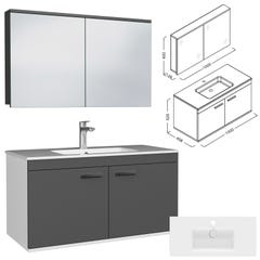 RUBITE Meuble salle de bain simple vasque 2 portes gris anthracite largeur 100 cm + miroir armoire 2
