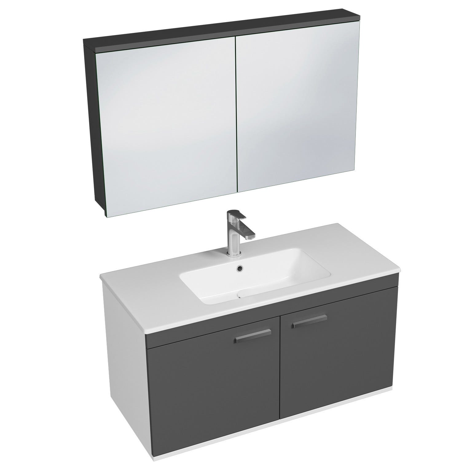 RUBITE Meuble salle de bain simple vasque 2 portes gris anthracite largeur 100 cm + miroir armoire 0
