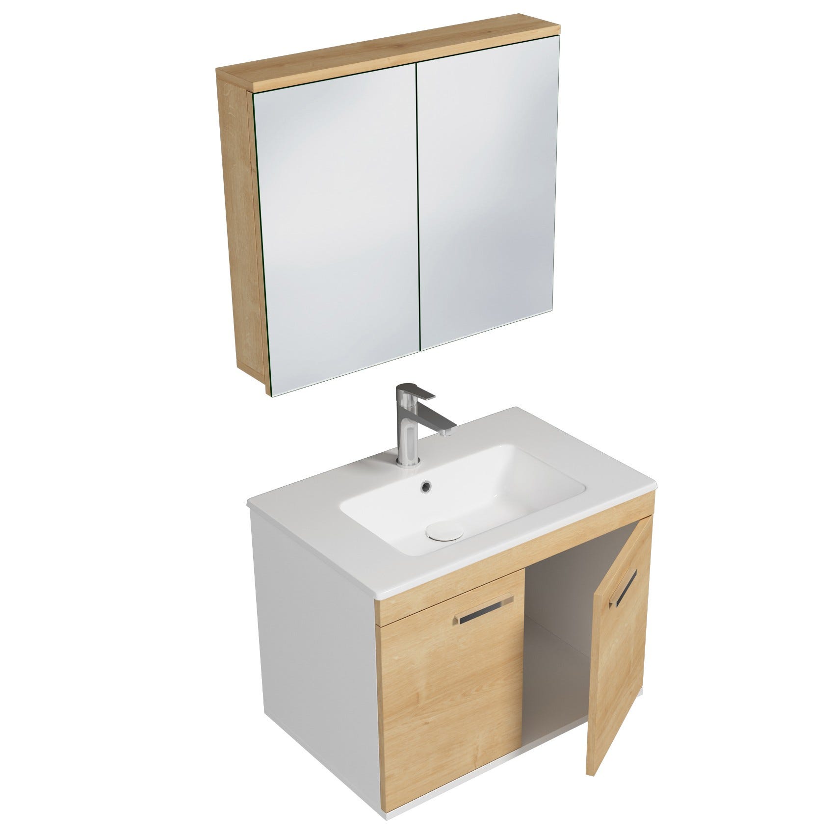 RUBITE Meuble salle de bain simple vasque 2 portes chêne clair largeur 70 cm + miroir armoire 1