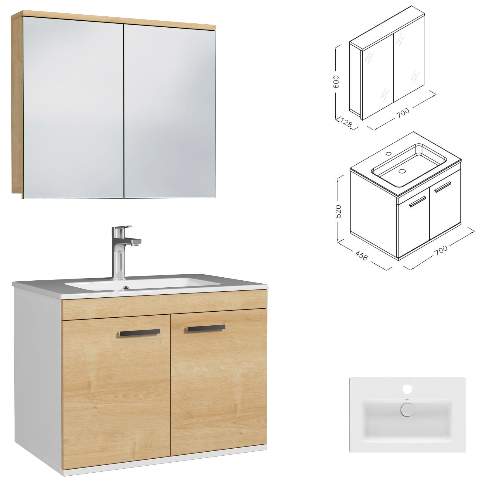 RUBITE Meuble salle de bain simple vasque 2 portes chêne clair largeur 70 cm + miroir armoire 2